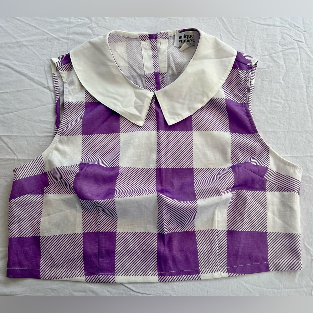 Cropped Modcloth top, large purple and white gingham print, Sz L 10-12